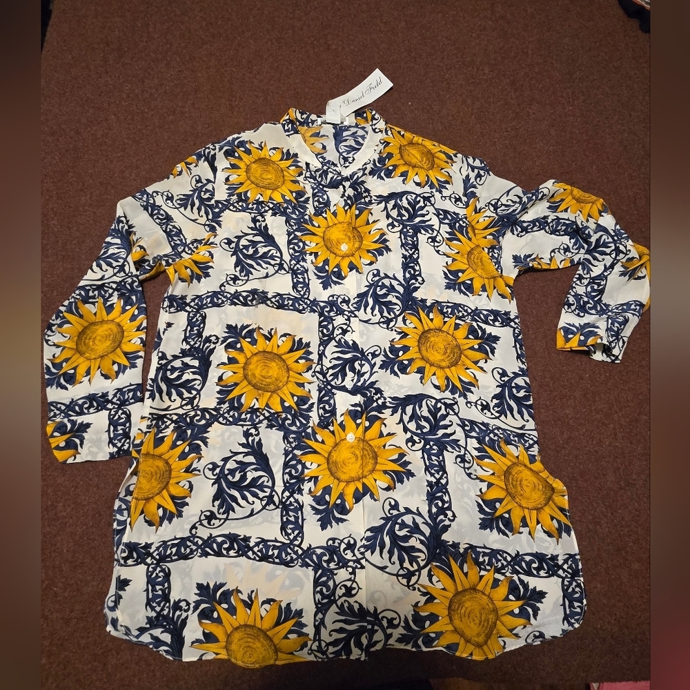 New! Vintage Daniel Field Silk Blouse Button Up Navy & Yellow Sunflowers Large